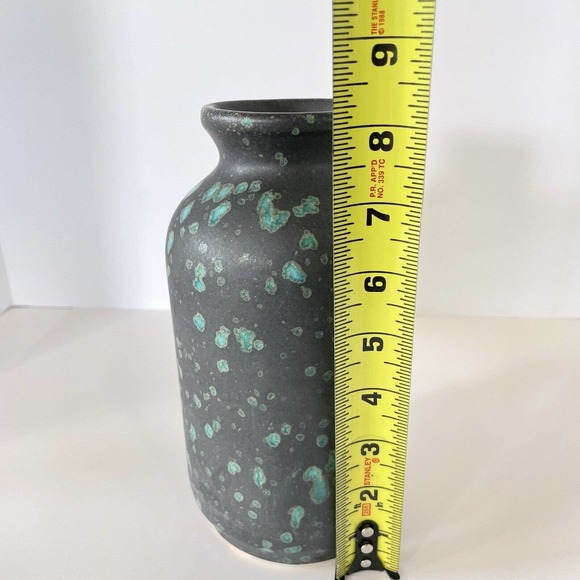 Handcrafted Vase Charcoal Matte Turquoise Splatter Berkus 8in Modern Western - Picture 7 of 9
